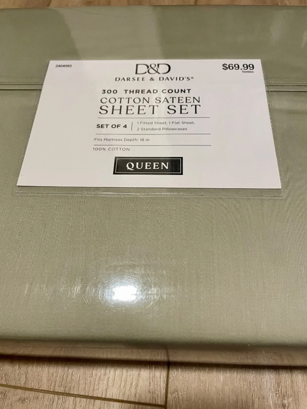 Darsee & David's 300 Thread Count Cotton Sateen Sheet Set Queen Size Sage Green